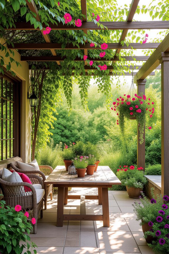 lush greenery enhances pergola