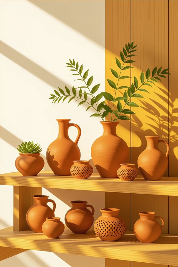 warm terracotta shelf styling